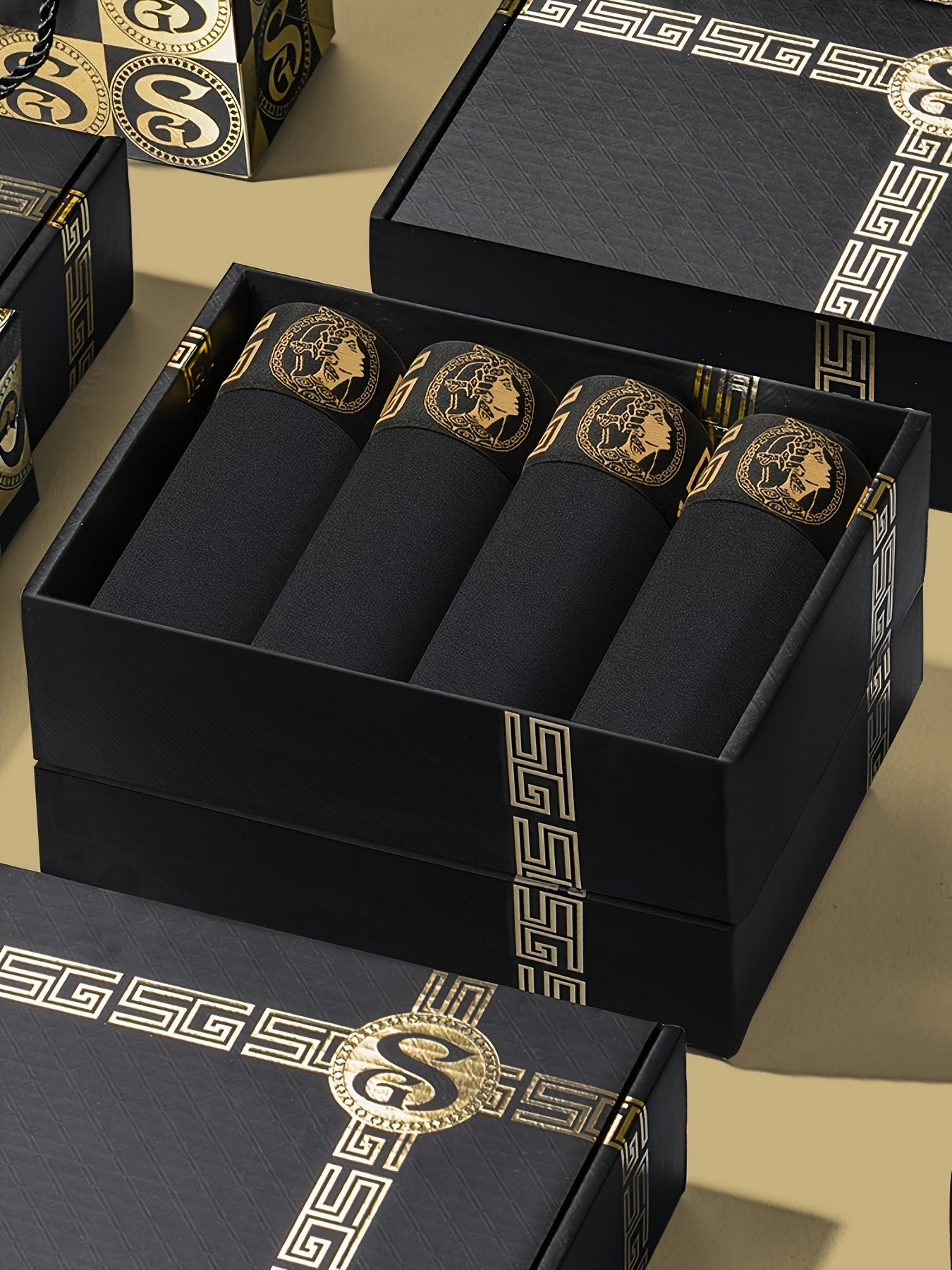 4pcs Black and Golden Boxer Briefs - Soft, Breathable Viscose, Comfortable Daily Wear for Men, Slim Fit with Elasticity, Solid Color Design, Casual Underwear|Boxer Briefs|Boxers as a Gift