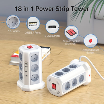 EU Multifunctional Power Tower Plug with 2 USB A Ports And 2 USB C Ports, HAFINO Triple 12-position Multi-socket Power Strip with PD 20W Fast Charging (4000W 16A) for Home And Office Scenarios