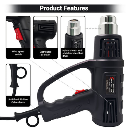 DKEOF 1280W Heavy Duty Heat Gun Kit with Dual-Temperature Settings (302°F/1202°F), Overheat Protection, Fast Heating, Ergonomic Handle & Durable Construction - for Shrinking PVC, Welding