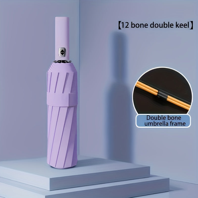 Large Automatic Folding Umbrella - Double Rib Design, Windproof &, 12 Ribs, Compact & Durable, Black with Orange Accents, Dual User Coverage, | Fashion Accessory | High-quality Fabric, Outdoor Umbrella