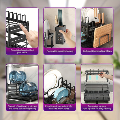2-Tier Black Iron Kitchen Dish Rack - Large Capacity Organizer with Drainboard, Utensil Holder & Cup Hooks, Foldable Space-Saving Design for Plates, Bowls, Pots, Cutlery - Durable Powder-Coated Finish, Dish Drying Rack for Ki