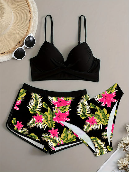 Floral Leaf Print Stretchy 3 Piece Set Swimsuits, Cross Spaghetti Strap Push Up Bikini & Boxer Shorts, Women's Swimwear & Clothing