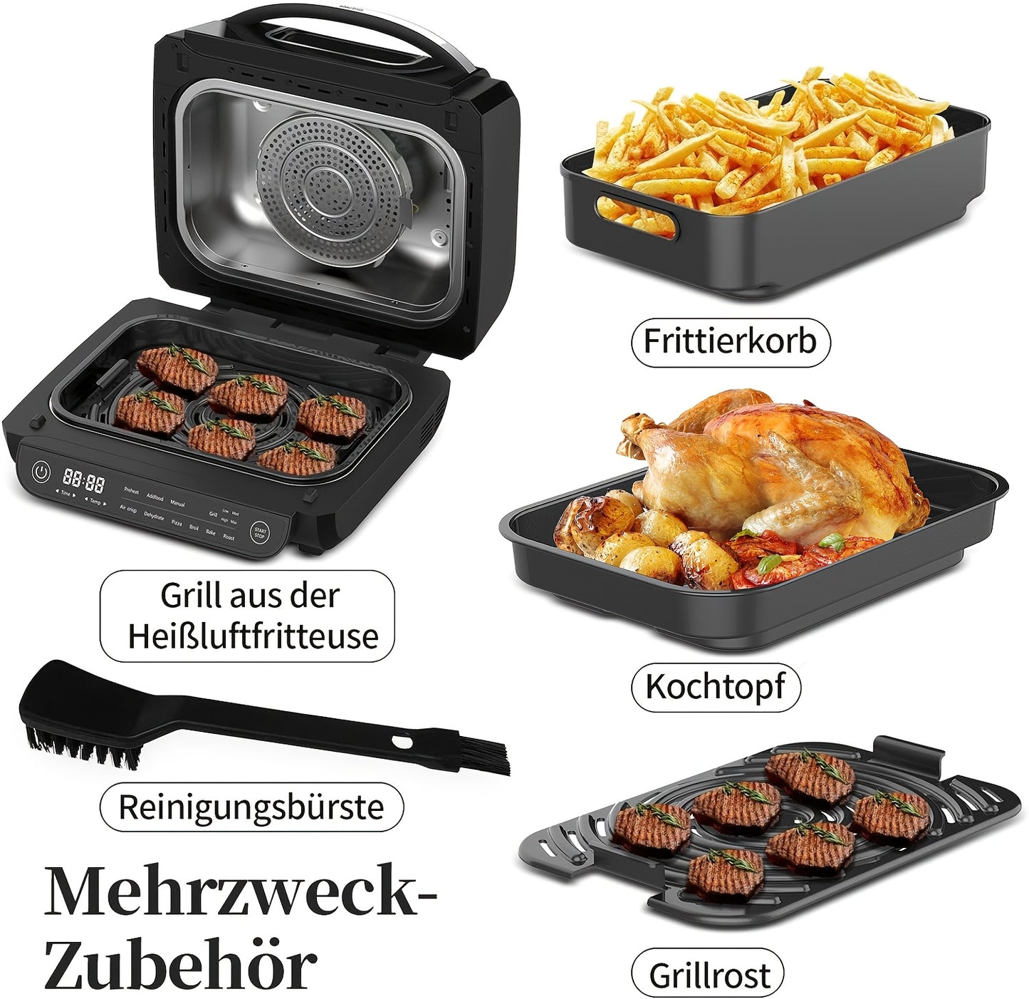 Fritadeira Elétrica 8 em 1 com Grelha e Ar Quente, Capacidade de 6L, Controlo por Toque, Temporizador de 120 Minutos, 1700W, Preta