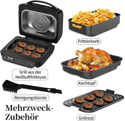 Fritadeira Elétrica 8 em 1 com Grelha e Ar Quente, Capacidade de 6L, Controlo por Toque, Temporizador de 120 Minutos, 1700W, Preta