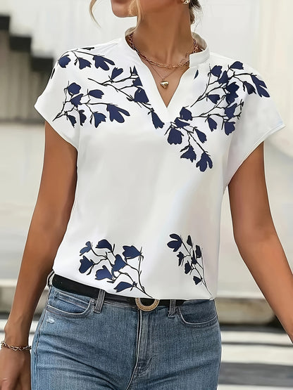 Floral Print V Neck Blouse, Boho Short Sleeve Top For Spring & Summer, Women's Clothing