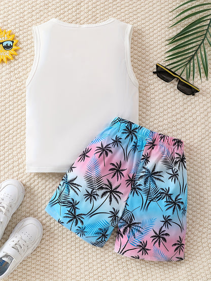 Boy's Coconut Trees Casual Outfit Round Neck Tank Top & Shorts Comfortable Breathable For Summer Kids Clothes Sets, Ideal For Daily & Outdoor Wear
