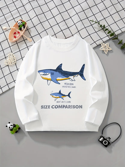 LITTLE BITTY Boys' Cotton Long Sleeve Crew Neck T-Shirt, Cartoon Shark Pattern, Casual Skinny Fit, Breathable Knit Fabric, Regular Sleeve, for Hiking & Outdoor, Weekend Casual Wear - Spring/Summer Collection