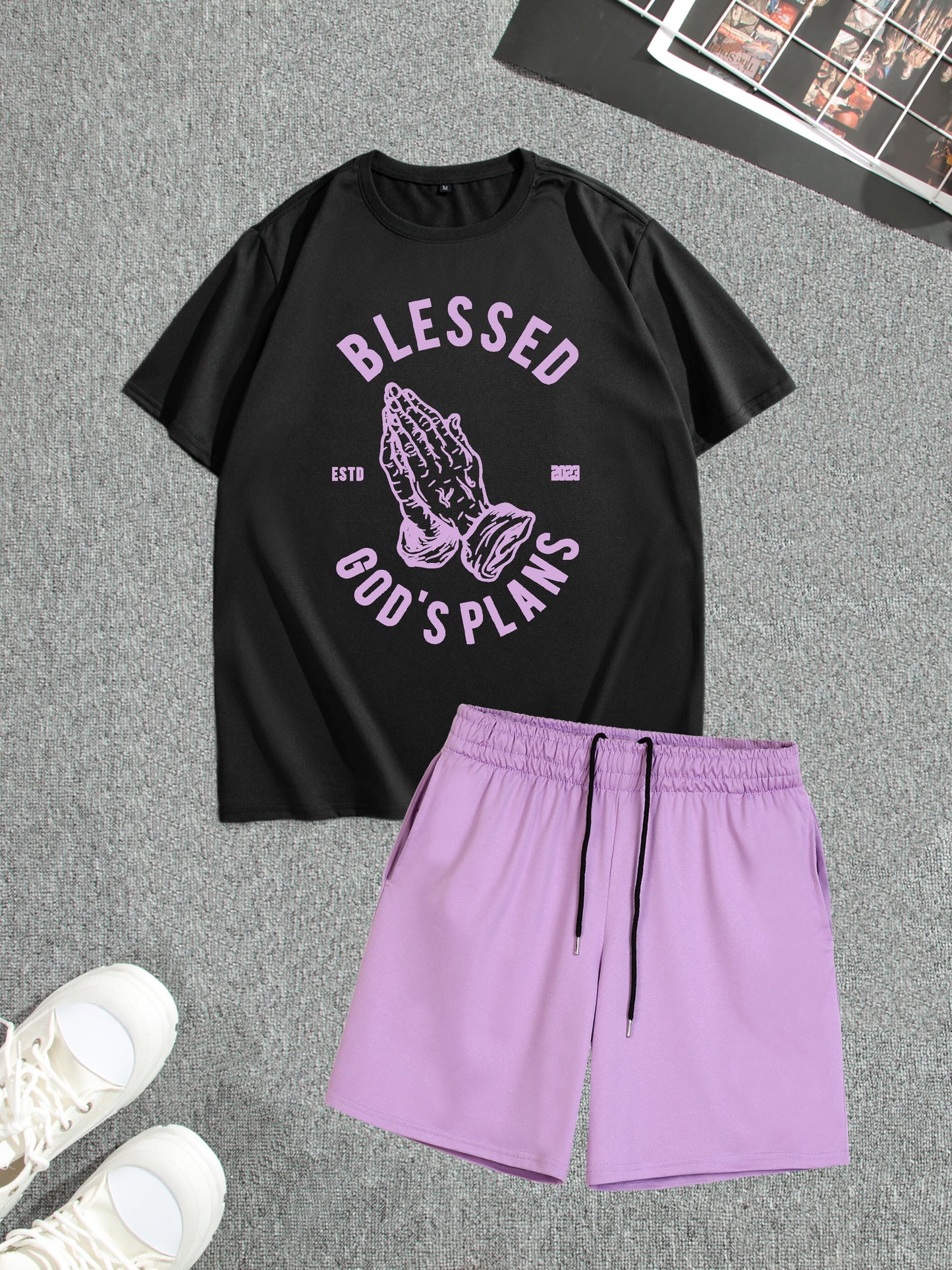 Men's Street Style Summer 2PCS Outfits, Male's Trend TRUST Graphic Short-sleeve Crew Neck T-shirt Drawstring Shorts Set, Casual Clothes For Men