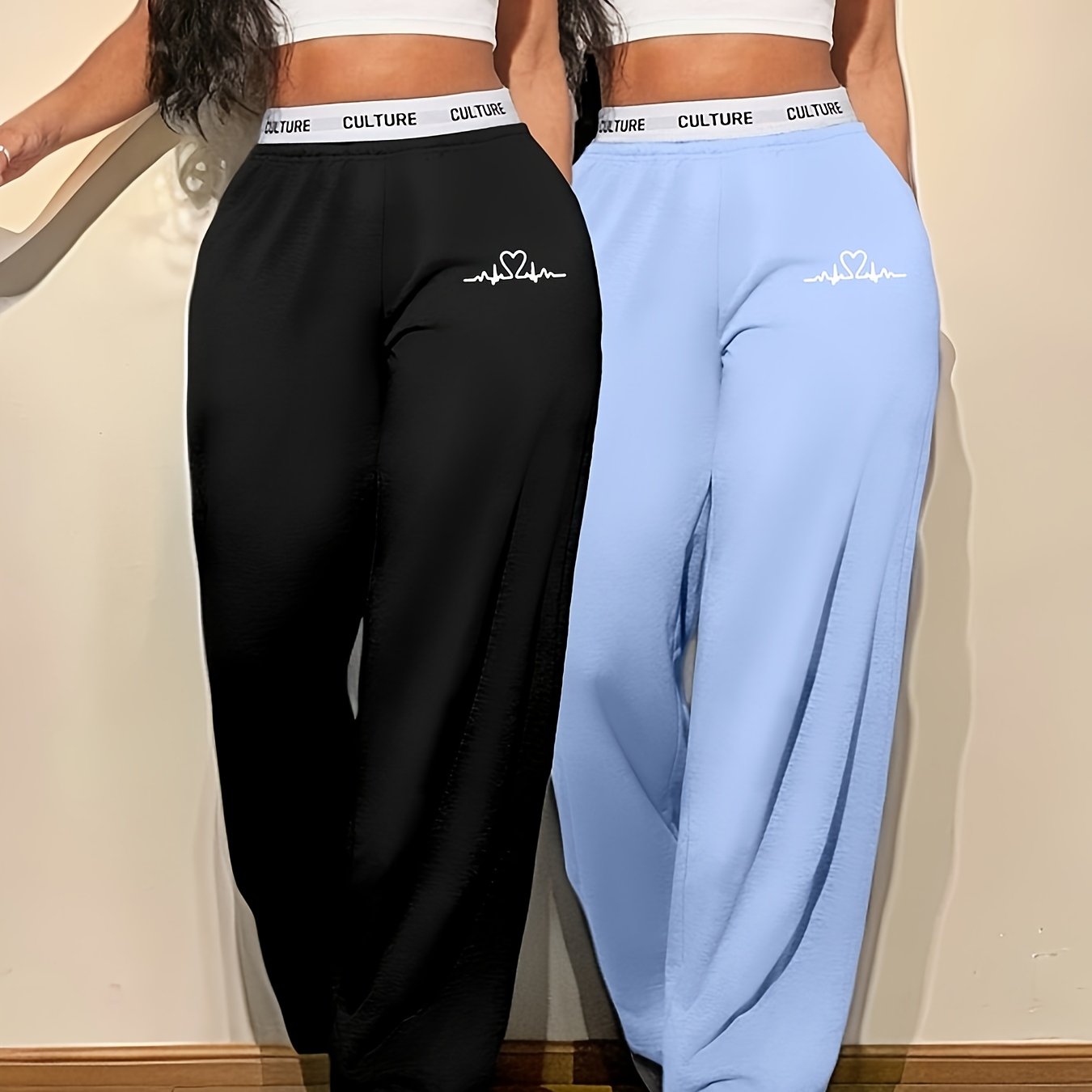 2pcs Women'S High-Waisted Wide-Leg Pants with Heart Letter Print - Casual Loose-Fit Joggers, Solid Color, All-Season Comfort, Pockets, Versatile for Casual Attire