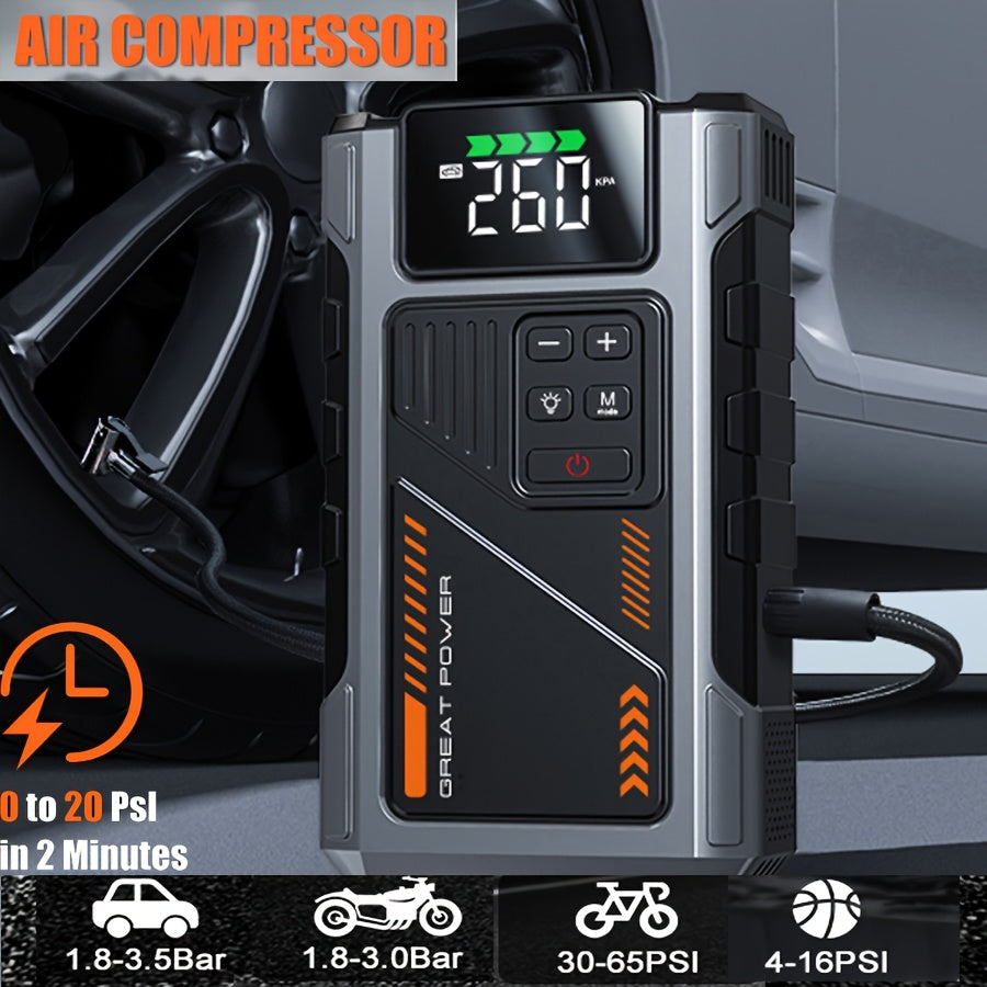 12000mAh Jump Starter Power Pack, 6000A Car Battery Booster 12V Jump Starter with 150PSI Tire Inflator Portable Air Compressor, with LCD Display, Jump Starter Power Bank (7.5L Gas/6L Diesel), LED Light, Vehicle Maintenance To