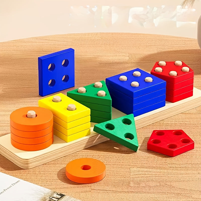 Colorful Geometric Shape Wooden Stacking Blocks for Boys and Girls - Educational Toy to Enhance Color Recognition, Coordination Skills Development Birthday Gift, Learning Through Play, Playful Learning, Smooth Finish, Early L