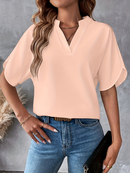 Solid Color Notch Neck Blouse, Casual Short Split Sleeve Blouse For Spring & Summer, Women's Clothing