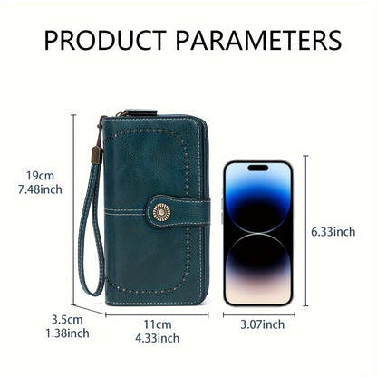 RFID Blocking Long Wallet With Wristlet, Retro Style Faux Leather Wallet With Multi Card Slots & Id Window