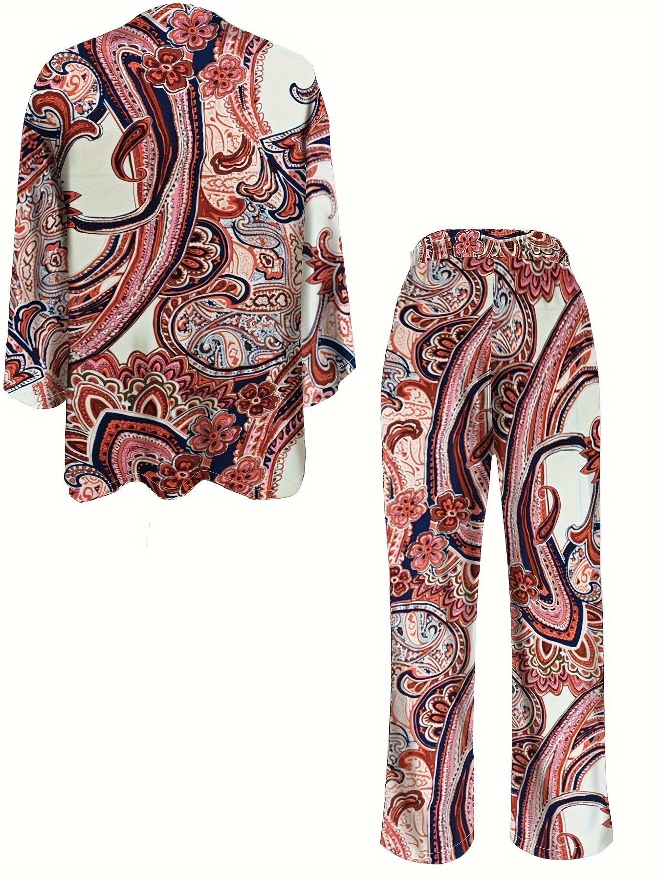 Conjunto Boho Paisley com Calça, Blusa de Manga Comprida com Botões Frontais e Calças Retas - Roupa Mulher