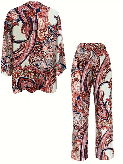 Conjunto Boho Paisley com Calça, Blusa de Manga Comprida com Botões Frontais e Calças Retas - Roupa Mulher