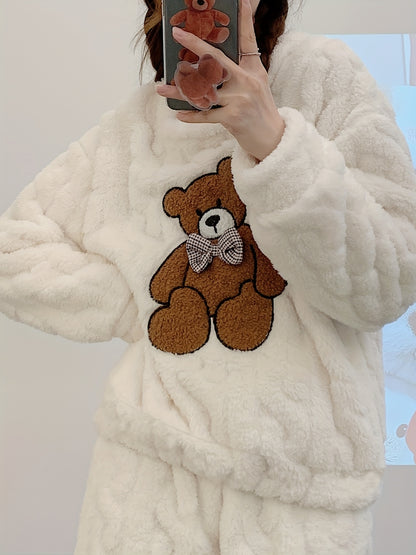 New Autumn and Winter Thick Warm Pajama Set with Jacquard Velvet Long-Sleeve Bear Top and Flannel Pants for Winter
