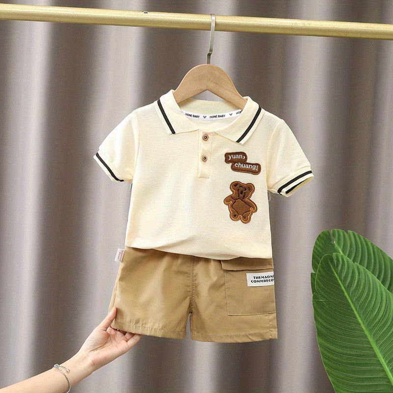 Little Boys Casual Suit - Cute Bear & Letter Embroidered Shirt Top + Shorts