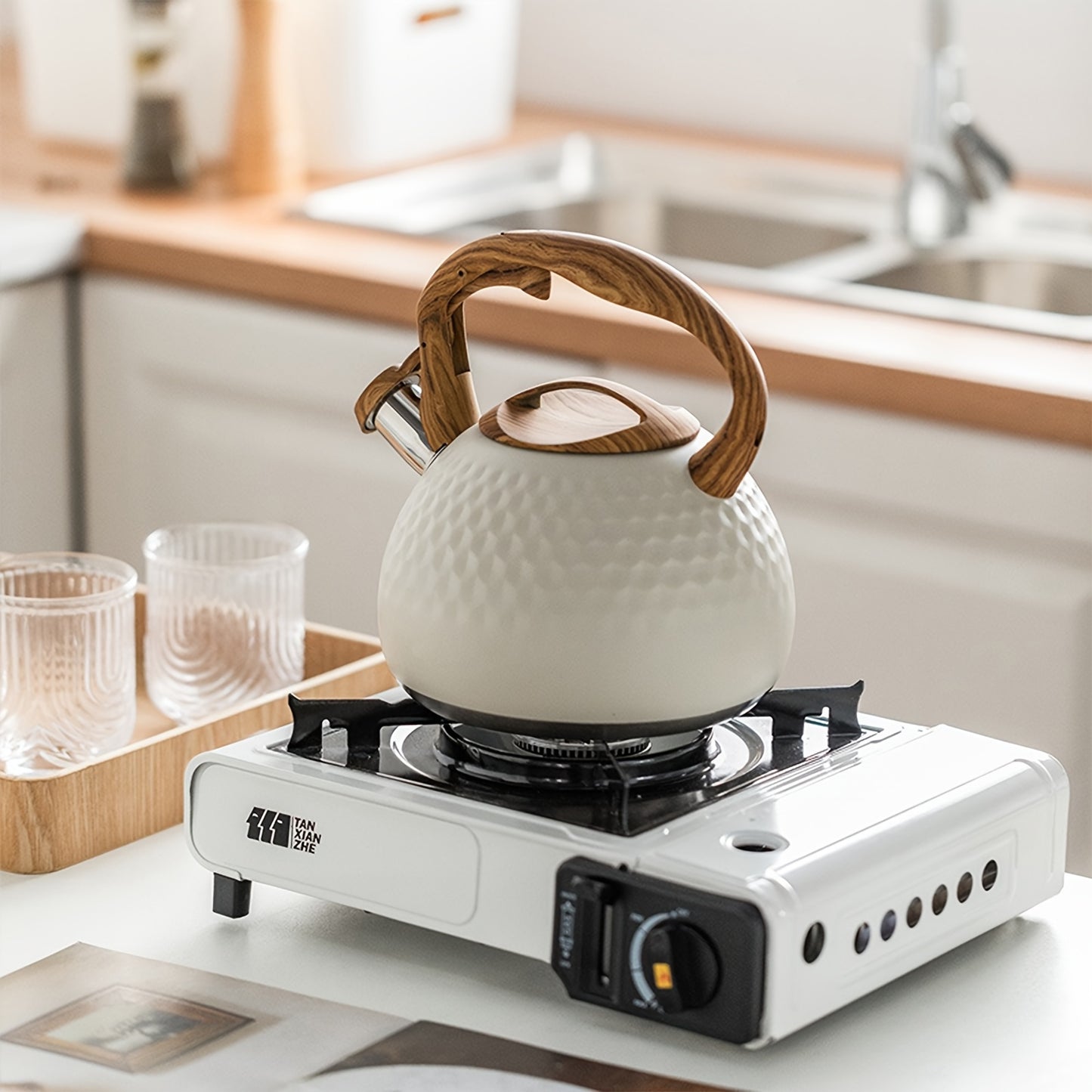 1pc, 3L Stainless Steel Whistling Tea Kettle – Easy To Clean, Compatible With All Stovetops, Whistling Kettle, Stainless Steel Tea Pot With Wooden Pattern Handle, – Lightweight & Durable Stainless Steel Teapot For Outdoor