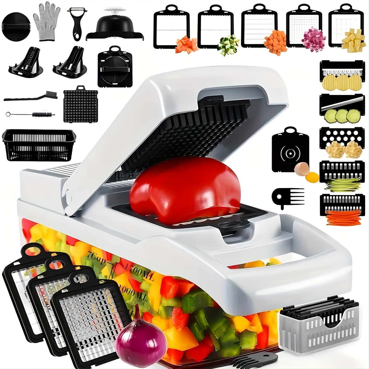 16pcs All-in-One Vegetable & Onion Chopper Set with Drainage Basket - Heavy-Duty Manual Food-Grade Stainless Steel Kitchen Chopper with Carrot, Garlic, Potato, Onion, And More - Ideal For Home, Restaurant, Rv, And Kitchen Use