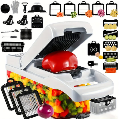 16pcs All-in-One Vegetable & Onion Chopper Set with Drainage Basket - Heavy-Duty Manual Food-Grade Stainless Steel Kitchen Chopper with Carrot, Garlic, Potato, Onion, And More - Ideal For Home, Restaurant, Rv, And Kitchen Use