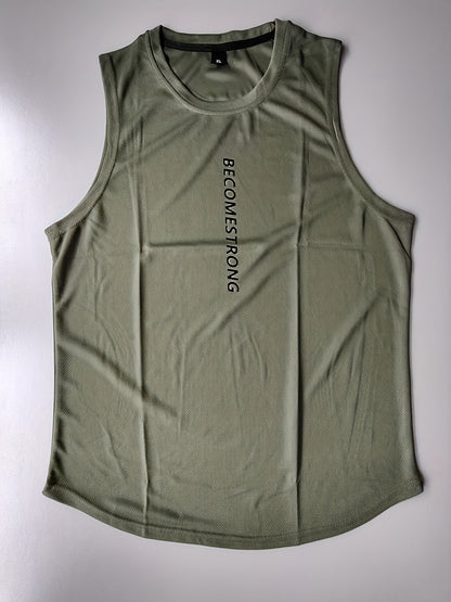 Letter Print Comfy Breathable Tank Top, Men's Casual Stretch Sleeveless T-shirt For Summer Gym Workout Training Basketball