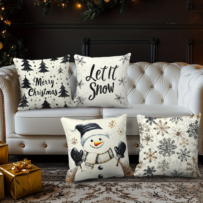 Set of 4 Christmas Throw Pillow Covers - Contemporary Style, 45.72x45.72 cm, Zipper Closure, Machine Washable, Polyester Decorative Pillowcases for Living Room, Holiday Snowman & Tree Design, Woven Fabric, Pillow Insert Not I