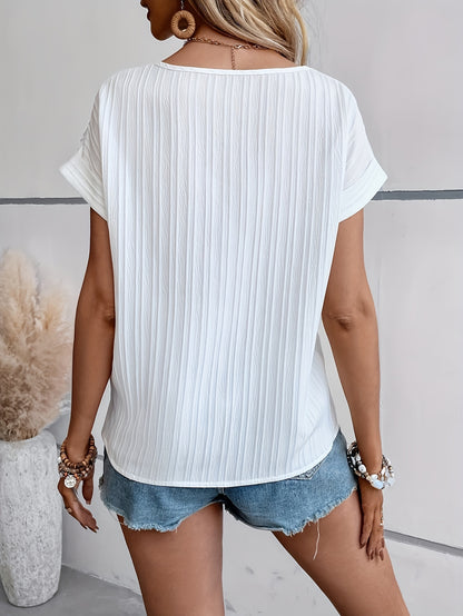 Solid Crew Neck Textured Simple Blouse, Elegant Short Sleeve Blouse For Spring & Summer, Women's Clothing