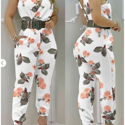 Macacão de senhora estilo jogger com estampado floral, elegante para o verão, 100% poliéster, comprimento cropped, cintura elástica cintada, decote cruzado, corte regular, tecido plano sem elasticidade, ideal para looks casuais de fim de semana - 120g/m²
