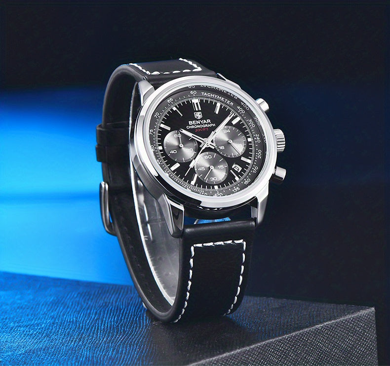 Relógio BENYAR para homem, marca de alta qualidade, desportivo, multifunções, cronógrafo, quartzo, preto, elegante, com calendário e bracelete em pele.
