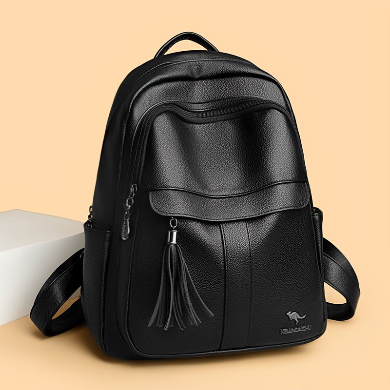 Women's 2025 New Style Synthetic Backpack with Tassel Charm - Glossy Black Soft Shell Travel Backpack, Detachable Adjustable Shoulder Straps & Zipper Closure, Spacious Laptop Compartment & Practical Pockets for Work, School,