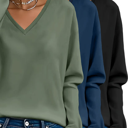 3pcs Women'S 100% V-Neck Long Sleeve T-Shirts - Soft, Durable, and Comfortable Casual Wear for All Seasons, Perfect for Holidays, Graduations, and Everyday Style, Everyday Comfort Wear | Minimalist Style | Soft Fabric Tee