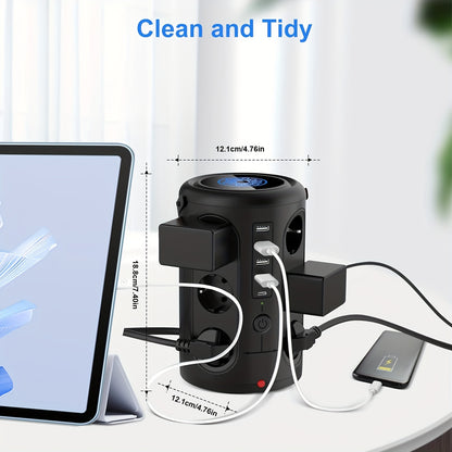 12-Slot Power Strip with 2 USB Fast Charging Ports, 2500W/10A, Voltage Protection, 2.8m Extension Cable, Desktop Tower Design & 2 Main Switches for Home/Office - EU Plug (Black)