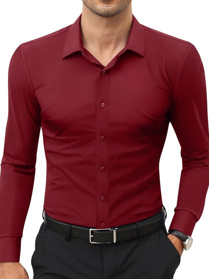 Men'S Slim Fit Long Sleeve Shirt - 55% Cotton, 40% Polyester, 5% Spandex, Solid Color, All-Season, Woven Fabric, Button-Up, Lapel Collar, Casual Weekend Wear, 125g/m²