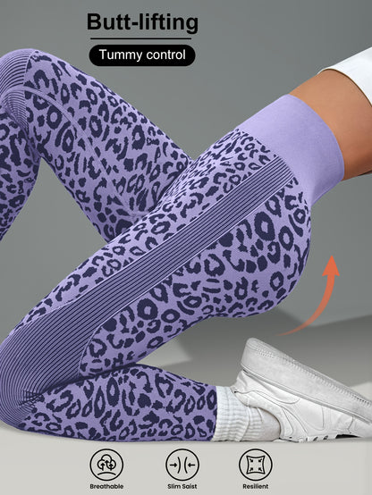 Women'S Leopard Print Yoga Pants - Non-Slip Workout Leggings with Elastic Waistband, Stretchy & Breathable Gym Pants for Yoga, Running, Casual Attire - All-Season Fitness Leggings in Pink & Leopard Print - Non-Slip Grip Activ