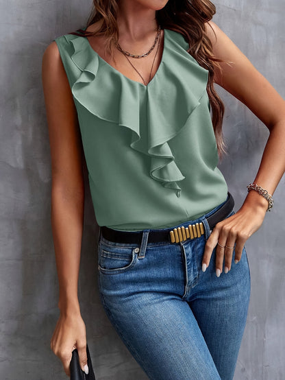 Ruffle Trim V-neck Loose Blouse, Elegant Sleeveless Blouse For Spring & Summer, Women's Clothing