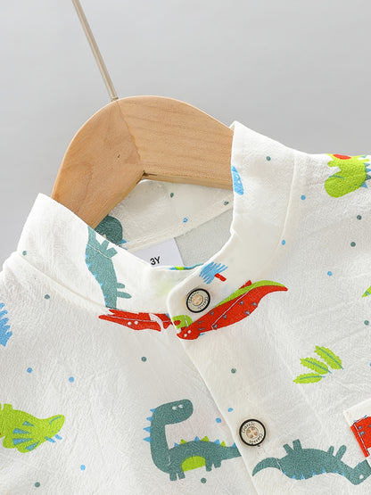 2pcs Baby Boys Dinosaur Print Button Short Sleeve Shirt Top & Elastic Waist Shorts Set Toddler Summer Clothes For Daily & Outdoor Wear