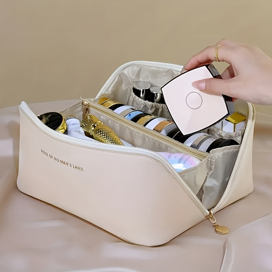 1pc Fashionable Artificial Leather Makeup Bag, Portable Travel Cosmetic Organizer with Handle, Large Capacity Toiletry Storage Pouch, Ideal for Christmas, Halloween, Thanksgiving Gift - No Fragrance