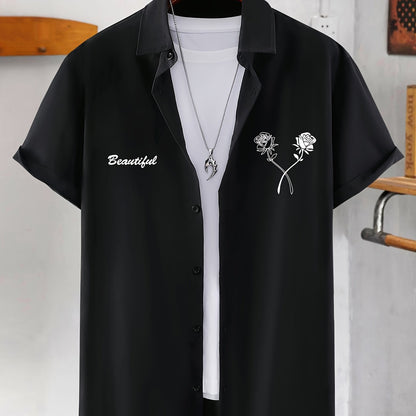 Camisa criativa para homem com estampado gráfico de rosas e letras "BEAUTIFUL", manga curta e lapela, em tecido sem elasticidade, ideal para o verão.