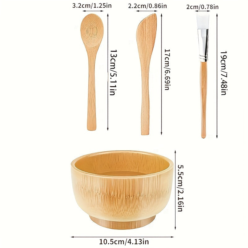 4pcs Bamboo DIY Face Mask Mixing Kit - Includes Bowl, Spatula, Brush & Beauty Scoop - Alcohol-Free, No Batteries Required