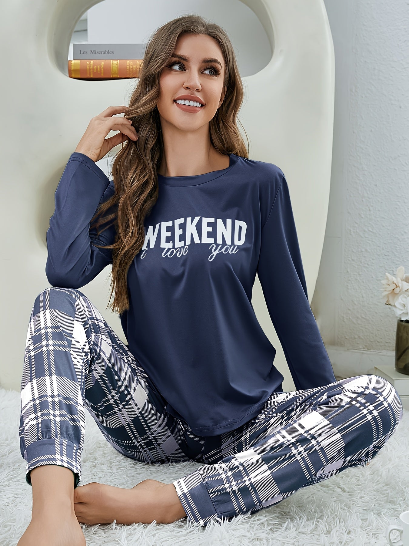 Women's round-neck printed long-sleeve top, plaid pants, pajamas, and loungewear
