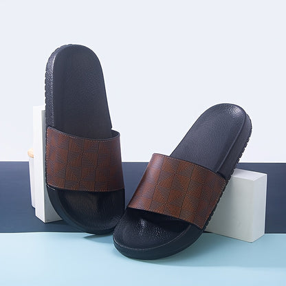 Sandálias de verão tipo slide para homem - Chinelos casuais antiderrapantes com sola macia e estampado geométrico, preto e cinzento, confortáveis ​​para uso interior e exterior.