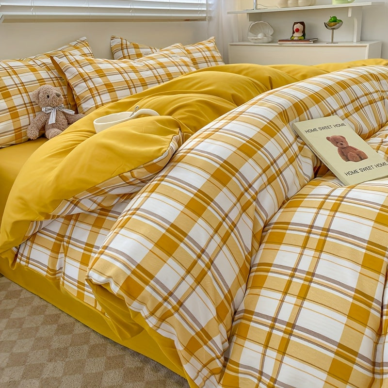 4pcs quilt set (1*quilt cover + 1*bed sheet + 2*pillowcases, excluding quilt core), yellow and white line printed bedding set, soft and comfortable four-season quilt cover, suitable for bedroom and guest room