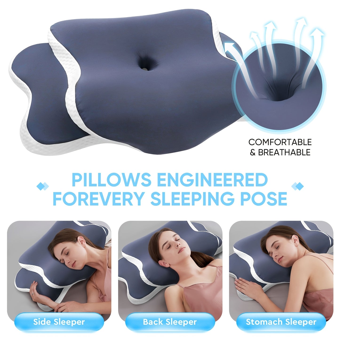 Almofada ergonómica em forma de borboleta em roxo - Tecido de malha respirável, ideal para quem dorme de lado, de costas e de barriga para baixo, oferece suporte para o pescoço e é o presente perfeito para pessoas de meia-idade.