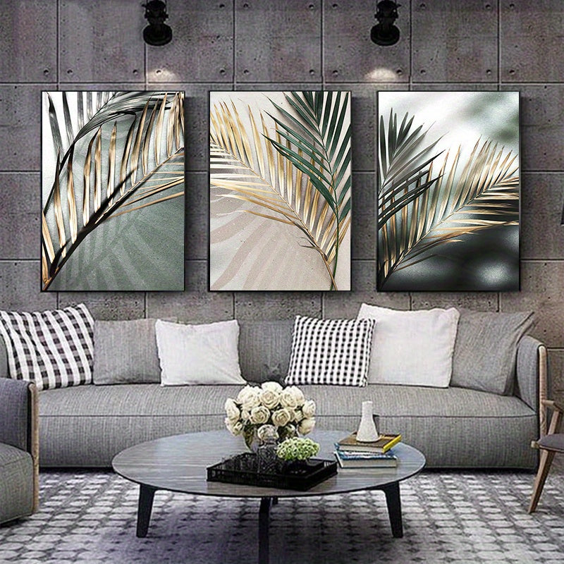 3pcs Nordic Botanical Wall Art - Golden Palm Leaf Plant Canvas Painting - Scandinavian Decoration - Home Decor - No Frame