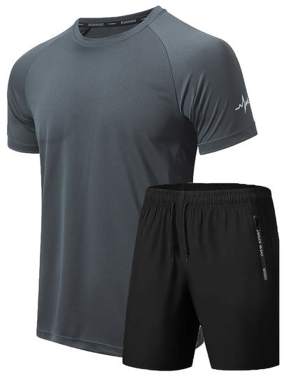 Men's 2Pcs Outfit, Solid Workout Short Sleeve T-shirt & Drawstring Shorts For Basketball Football Exercise Training Running Gym