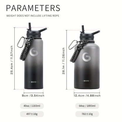1pc BIGRD 40Oz 64Oz Insulated Water Bottle 304 Stainless Steel Spray Coating Dishwasher Safe, with 2 Lids, Sling Cup Sleeve, Hand-Held Braided Rope, Cup Brush, 2 Straws And Straw Brush, Color Box Packaging