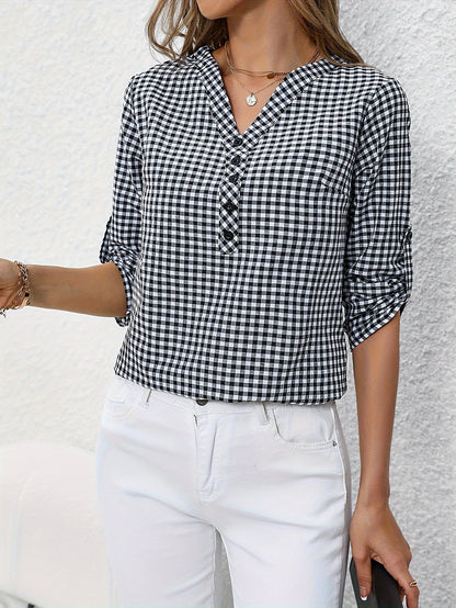 Plaid Print Button Notched Neck Blouse, Casual Rolled Sleeve Blouse For Spring, Women's Clothing