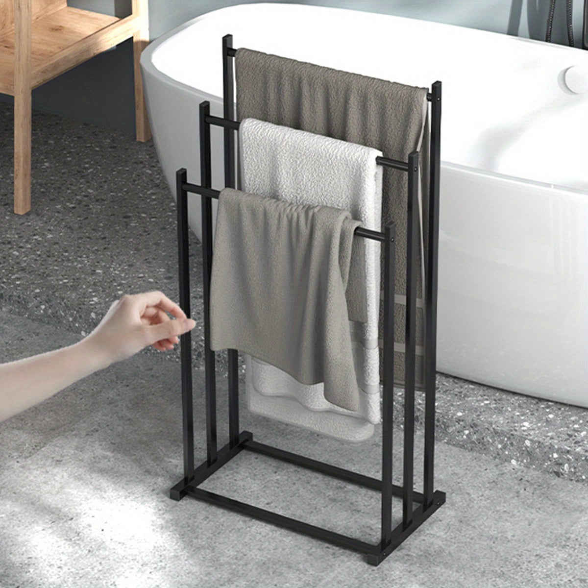 1pc Modern Three-Tier Freestanding Towel Rack - Heavy-Duty Floor-Standing Bathroom & Pool Drying Rack, Space-Saving Multifunctional Organizer for Indoor/Outdoor Use, No Installation Needed