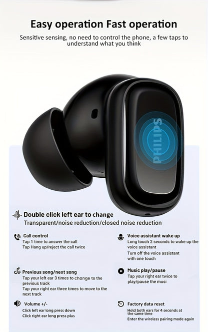 For Philips Active Noise-Cancelling Wireless Headphones with Single-Click Left Ear Adjustment, Dual HD Microphones, Sport-Style In-Ear Design, USB-C Charging, 10W Max Output, 5W Min Output, 36V Safe Voltage, Compatible with f