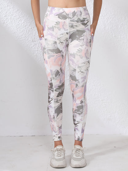 Women's High-Waisted Yoga Leggings with Pockets - Tummy Control Butt-Lifting Workout Pants, Floral Print, Stretchy Polyester/Elastane Blend, Machine Washable for Gym, Running & All-Season Wear